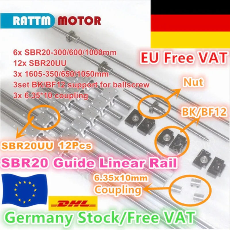 

[EU STOCK] SBR20 Linear Rail L-300/600/1000mm+3set Ballscrew SFU1605 -350/650/1050mm with Nut + 3set BK/BF12 +Couplings
