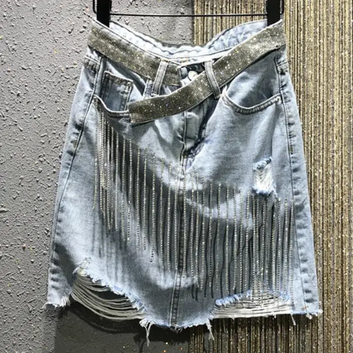 Горный хрусталь блестками Высокая талия джинсовая юбка женская летняя обувь 2019