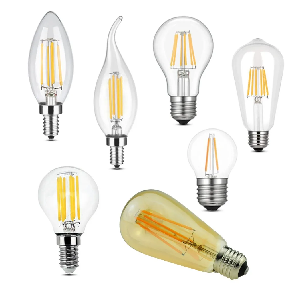 E12 E27 E14 затемнения G45 A60 типа Свеча) 2 Вт 4 6 8 светодиодный лампы светильник Edison Ретро