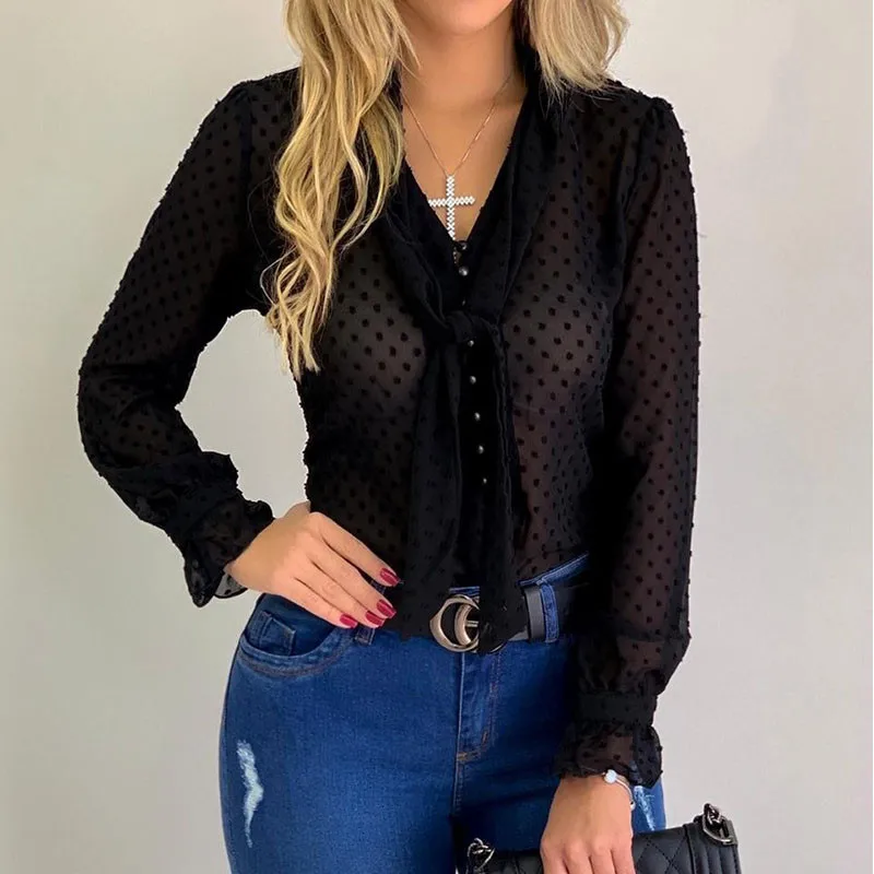 Chiffon Blouse Long Sleeve Sexy Transparent Office Ladies Tops Bowtie V Neck Shirt Women Button Blouses Woman 2019 Blusas Femme |