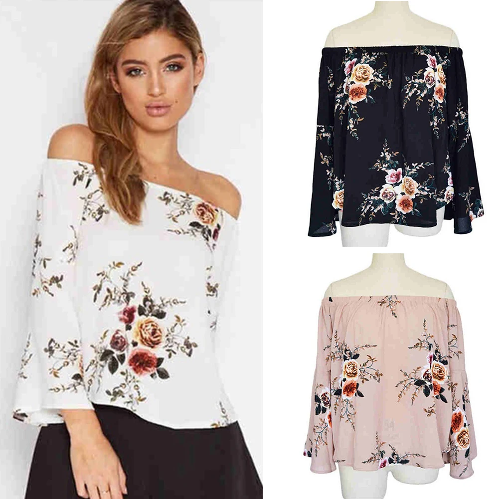 Женская летняя новая стильная с открытыми плечами Цветочная Печать Топы