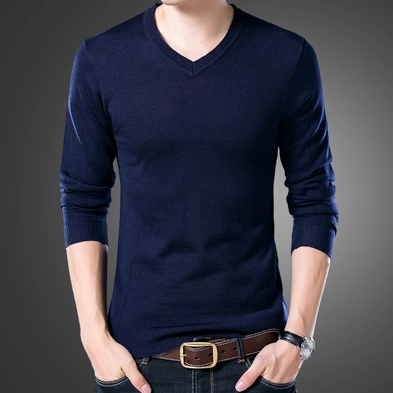 Navy Blue MoneRffi мужской осенний тонкий шерстяной свитер офисный мужской Однотонный свитер с длинным рукавом v-образным вырезом Тонкий Мужской Повседневный свитер пуловер - Цвет: Navy Blue