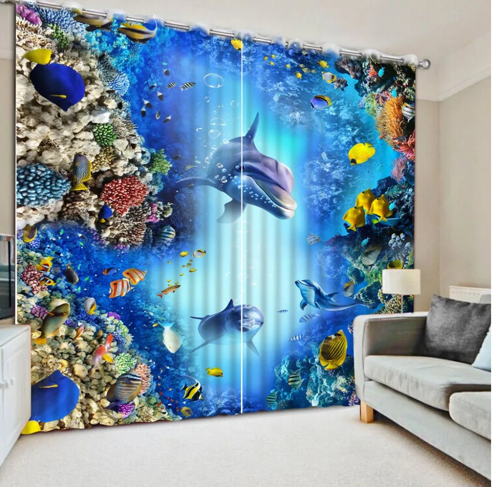 Modern Fashion Blackout Window Curtain 3D understand world dolphin Curtains For Bedroom Hooks | Дом и сад