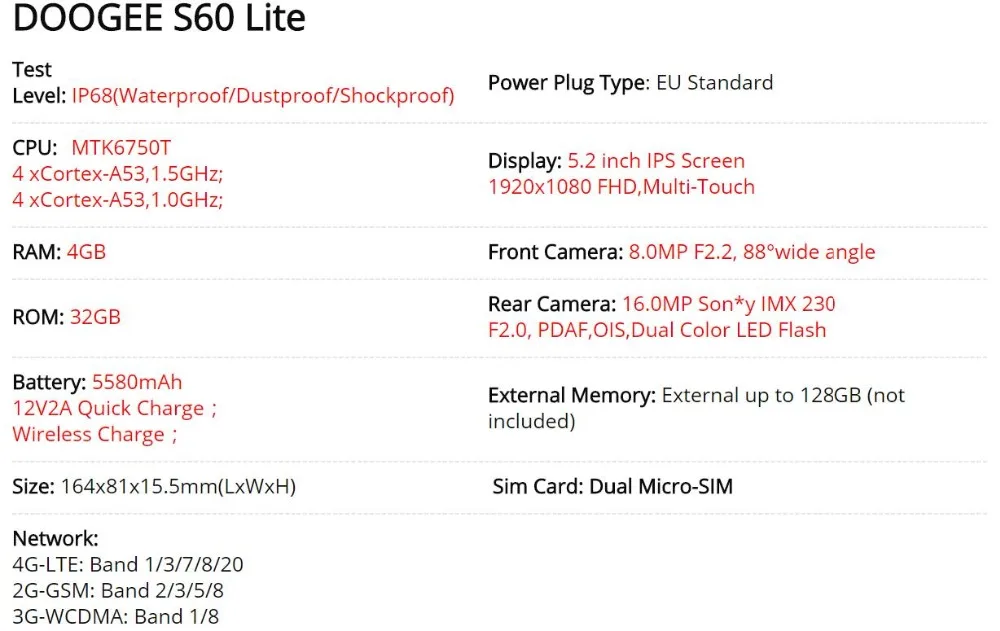 DOOGEE S60 Lite IP68 водонепроницаемый сотовый телефон 5," 4 Гб ОЗУ 32 Гб ПЗУ MTK6750T Восьмиядерный Android 7,0 беспроводной зарядки смартфонов