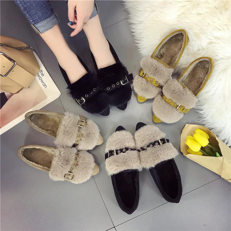 Туфли женские меховые с острым носком флоковые теплые лоферы пряжкой плюшевые