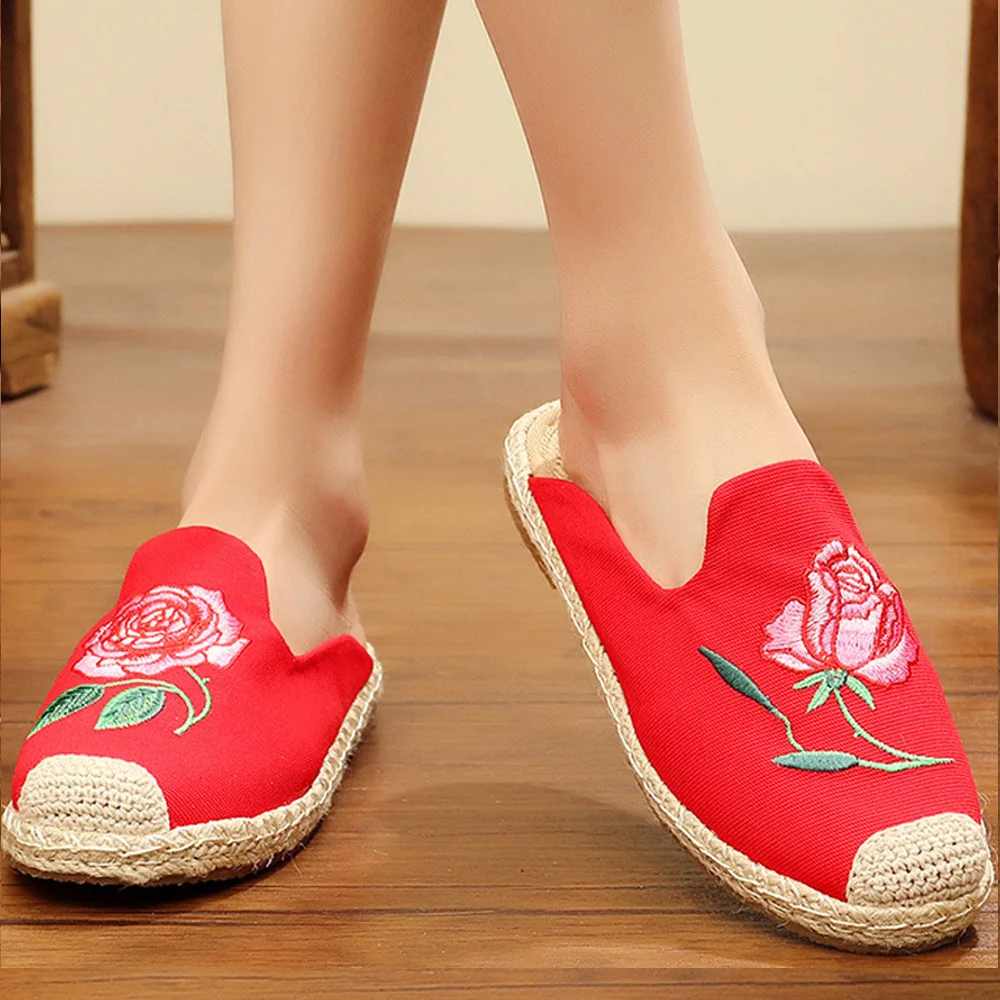 Винтажные женские парусиновые тапочки ручной работы на плоской подошве с