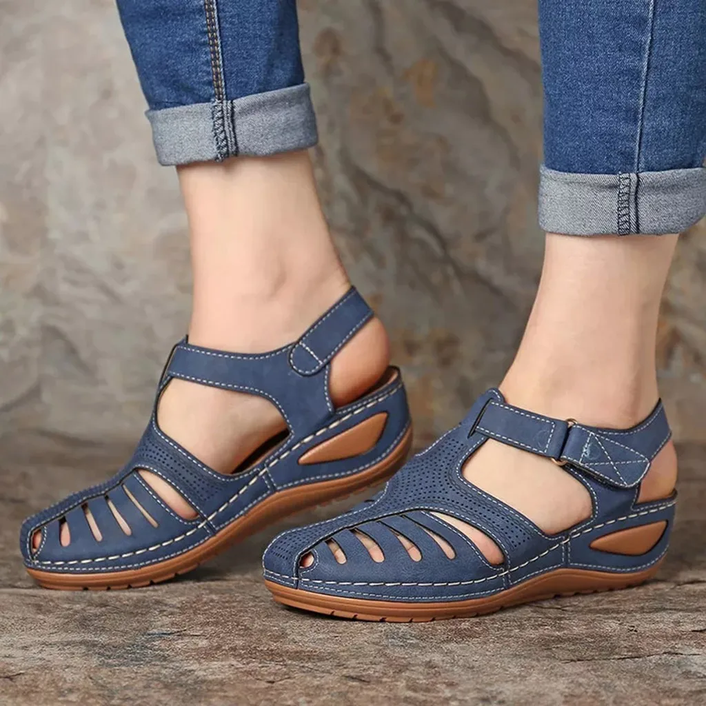 Сандалии женские летние с круглым носком удобные босоножки перфорацией на