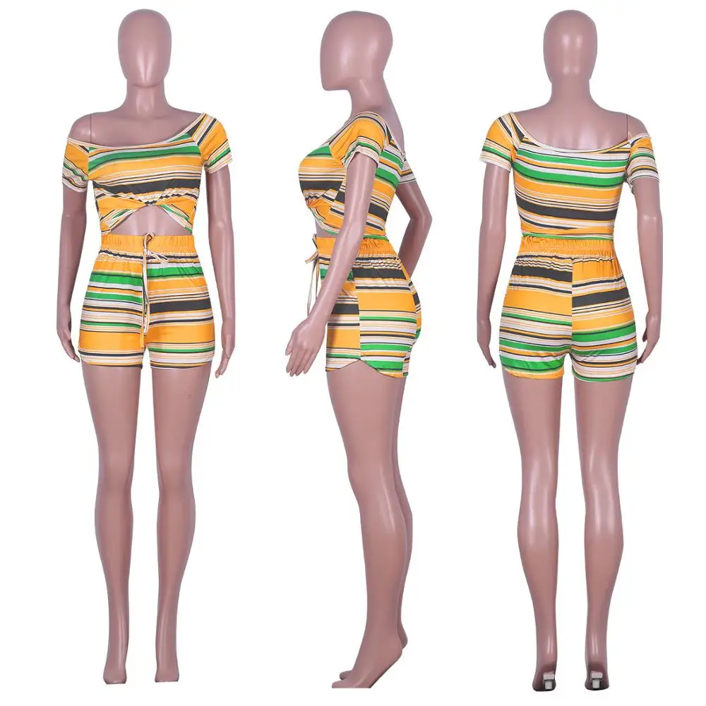 

Adogirl Colorful Stripes Print Two Piece Set Woman Off Shoulder Short Sleeve Tee Top+Shorts Suit Summer Sporty Tracksuit S-2XL