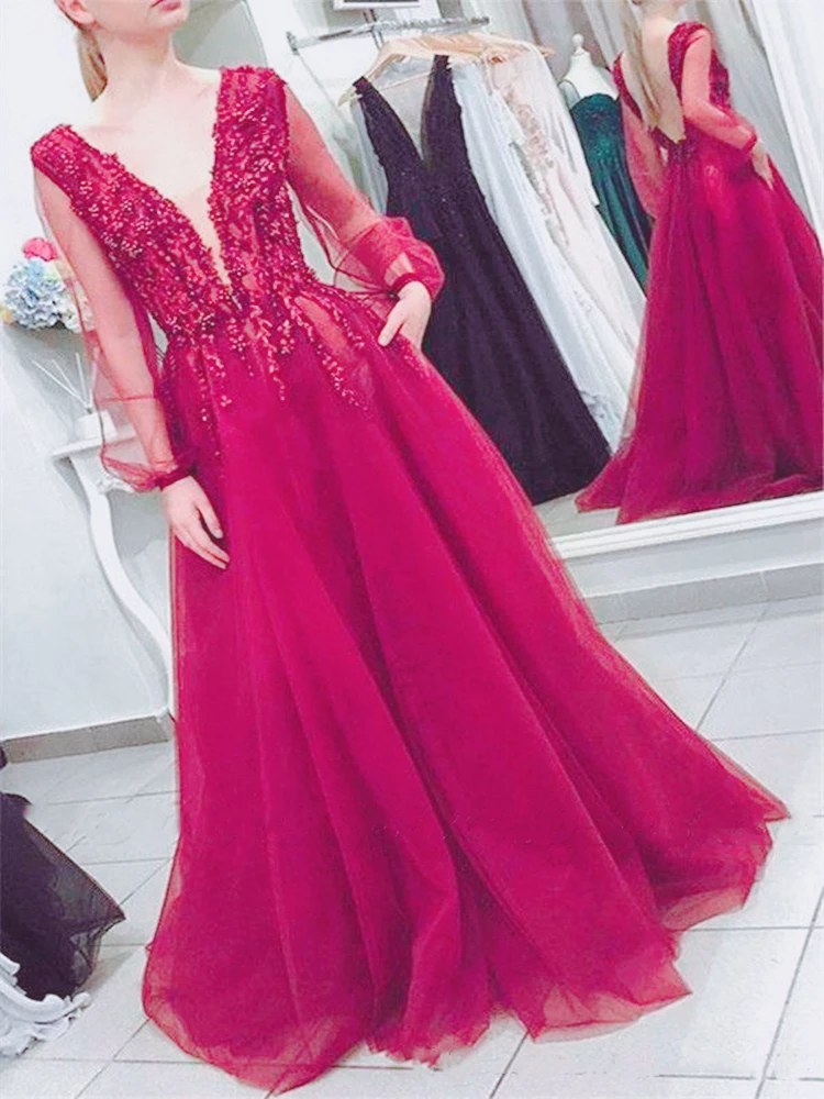 Женское длинное вечернее платье бордовое Тюлевое трапециевидной формы с