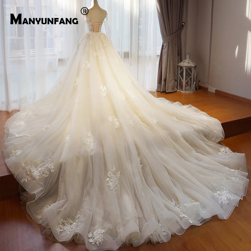 Шампанское Vestido реалистичные изображения Иллюзия с длинным рукавом свадебное платье Съемная Поезд Vestito Cerimonia Donna Русалка свадебное платье мусульманское - Цвет: Шампанское