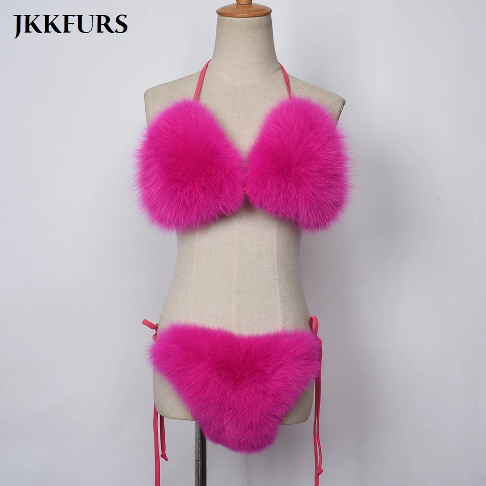 2019 новые модные женские бикини с натуральным лисьим мехом бюстгальтер летнее