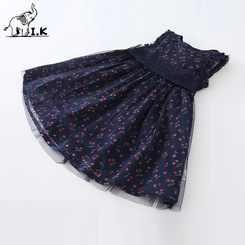 Милое милое платье для маленьких девочек I.K QZ27015 модное темно-синего цвета с