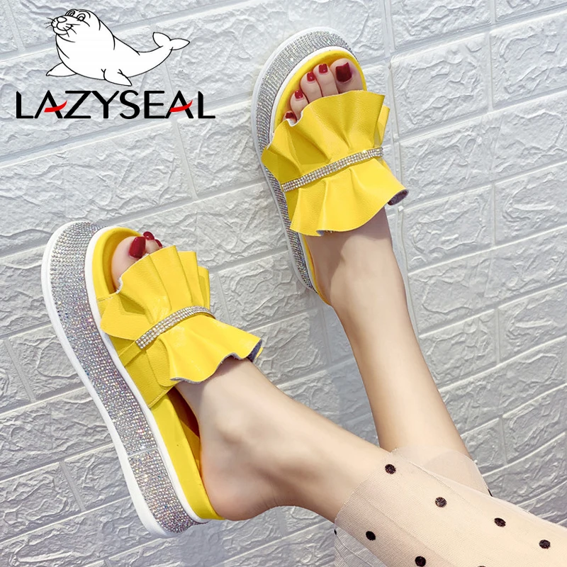 LazySeal/женские шлепанцы на платформе с кристаллами; летняя пляжная обувь на каблуке; Домашние шлепанцы на платформе для ванной; Вьетнамки; уличная женская обувь
