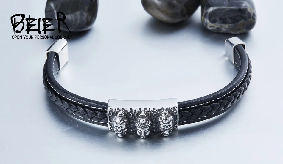 BEIER Wholesale Dropshipping Man's High Quality Genes Leather Simple Style 3 Buddha Bracelet Bangle For Man BC-L017