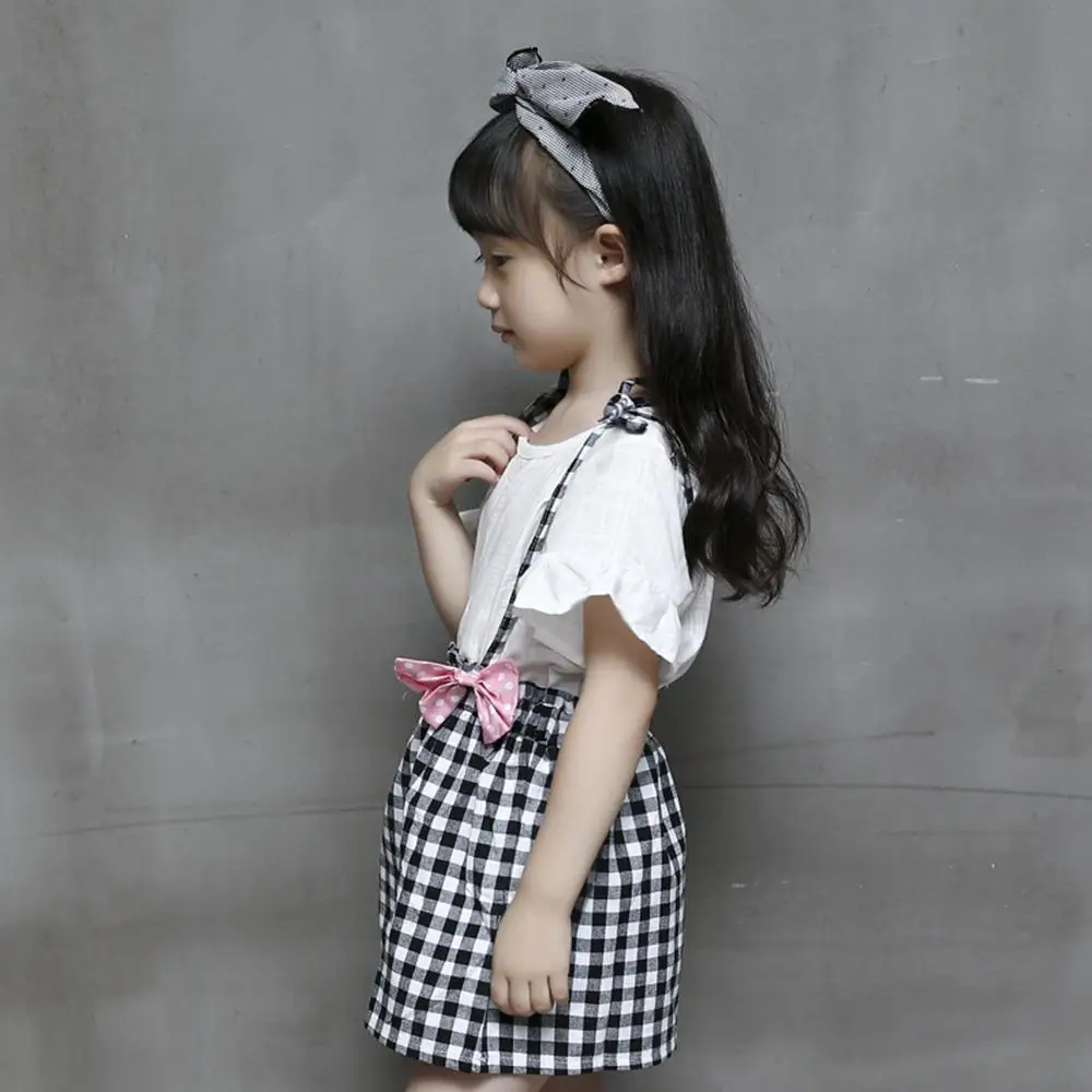 Летние комплекты одежды для девочек детский топ с короткими рукавами + клетчатая