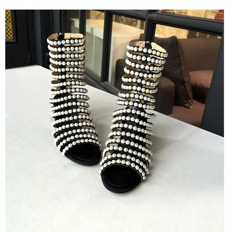 Украшенный жемчугом женские черные Босоножки с открытым носком Свадебная обувь