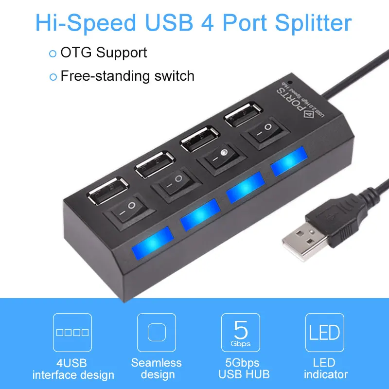 4 USB порта 2 0 дюйма со светодиодной подсветкой|USB-хабы| |