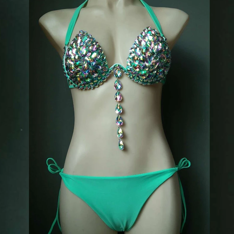 2018 Women Sexy Summer green blue silver pink gold silver-white light-pink Two 2 PIeces Beads Bodysuit Swimwear Spaghetti Strap