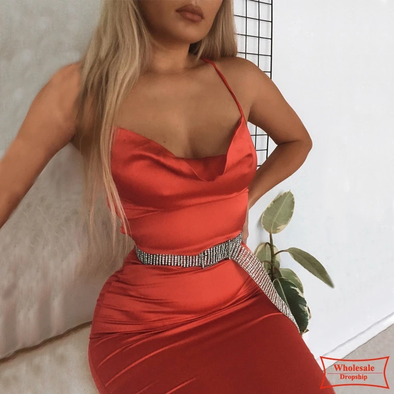 

NEW Women Sexy Strap satin red sexy bodycon long dress backless summer lace up white party dress Elegant gold maxi beach dress