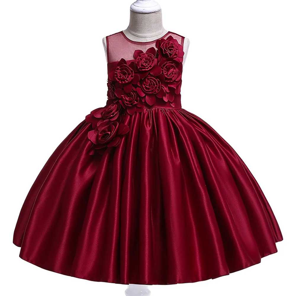 Wine red Одежда для маленьких девочек, коллекция 2109 года, летнее элегантное вечернее платье без рукавов для девочек, свадебное платье с цветочным узором для девочек, детская одежда на возраст от 3 до 10 лет - Цвет: Wine red