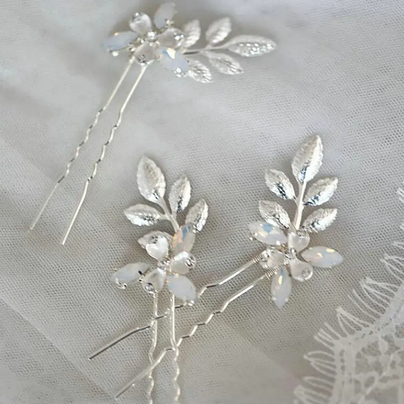 Silver hairpin Свадебная Расчёска для волос, шпилька, набор ручной работы с пресноводным жемчугом, свадебные аксессуары для волос, лист, опал, кристалл, свадебные украшения на голову - Окраска металла: Silver hairpin
