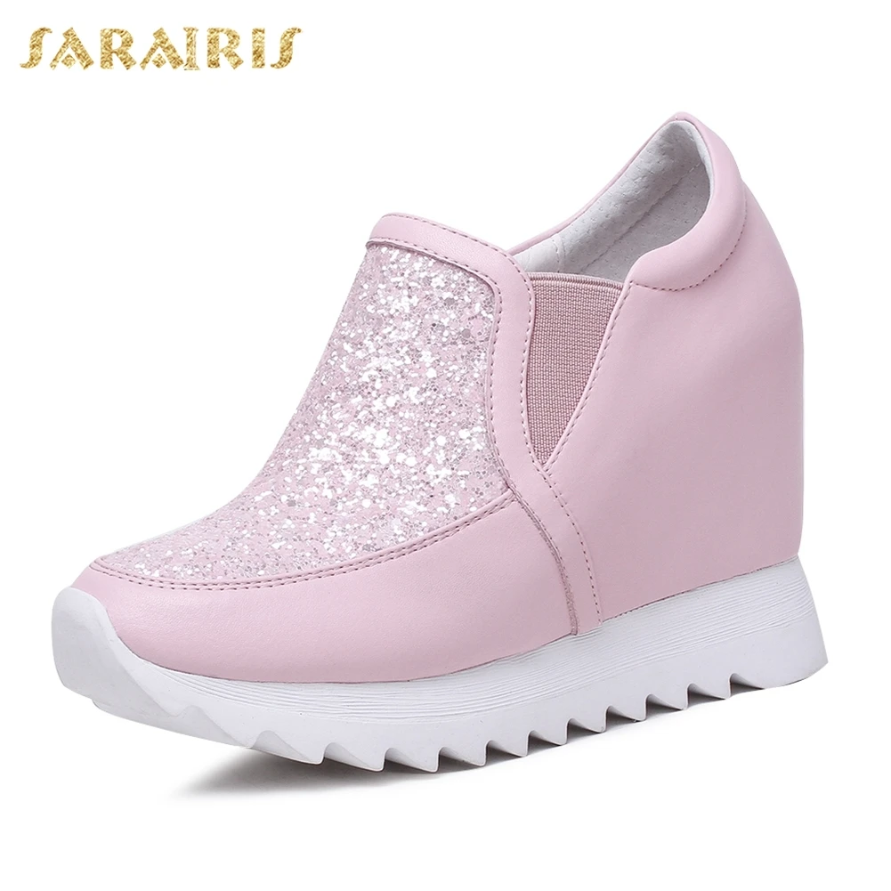 SARAIRIS/; обувь из натуральной кожи с эластичными лентами; женская обувь на высоком каблуке, увеличивающая рост; однотонные кроссовки на платформе; женская обувь из вулканизированной кожи - Цвет: Розовый