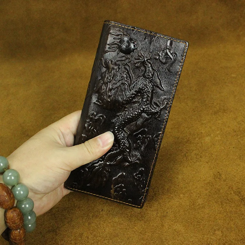 Мужской Длинный кошелек с изображением дракона коричневый тонкий из натуральной