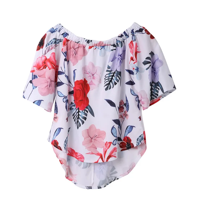 Fashion High Street Women Summer Shirt Off Shoulder Floral Asymmetric Hem Short Sleeve Casual Blouse Tops Shirts Clothes Wear |