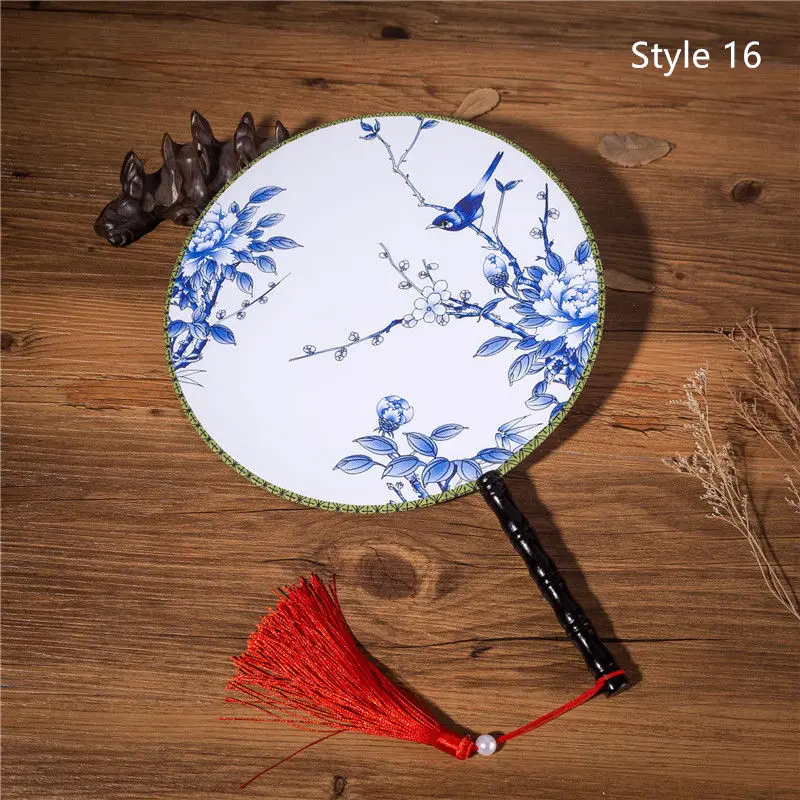 Style 16 Китайский Японский стиль женские круглые вентиляторы классический танцевальный веер ручной круговой винтажный вентилятор с кисточкой кулон - Цвет: Style 16