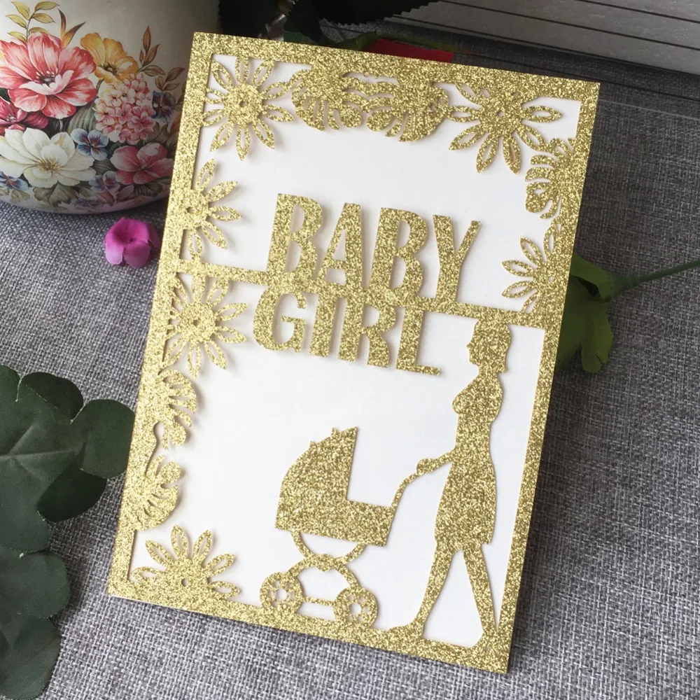 

50Pcs/Lot New Arrival Laser Cut Birthday Card Exquisite Glitter Paper Baby Shower Invitations Gender Reveal Gift Card