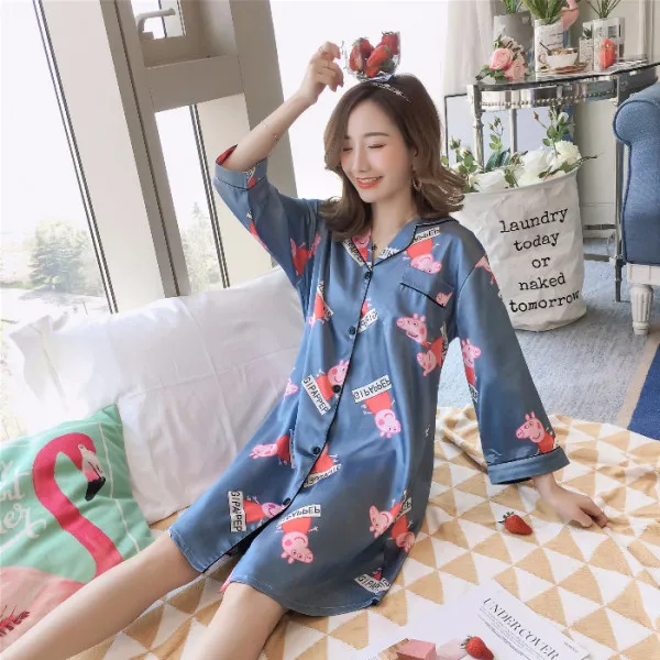 Blue Peppa Pig Silka Surplus женское летнее нижнее белье и пижама ночная шелковая ночная сорочка мягкая свободная ночная рубашка размера плюс 5XL Пижама - Цвет: Blue Peppa Pig