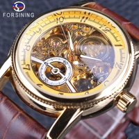 forsining classic royal retro series golden case skeleton watch brown genuine leather mens automatic creative watch clock male