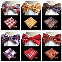 luxury mens paisley striped floral cufflinks pocket square bows tie set adjustable handkerchief bowtie sets for wedding party