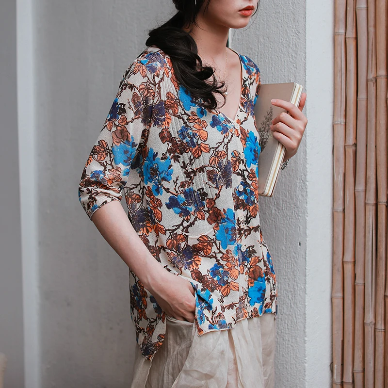 Летняя Блузка Модная ретро Женская трикотажная Повседневная рубашка 2019 новые