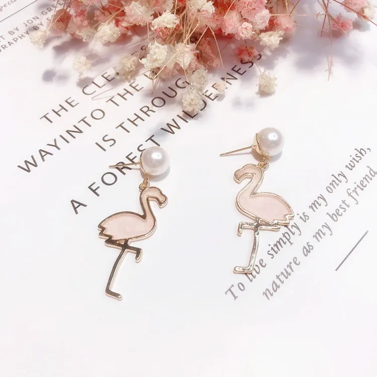 pink crane bird pearl earring Hypoallergenic fadeless fashion jewelry stud earrings women girl gift | Украшения и аксессуары