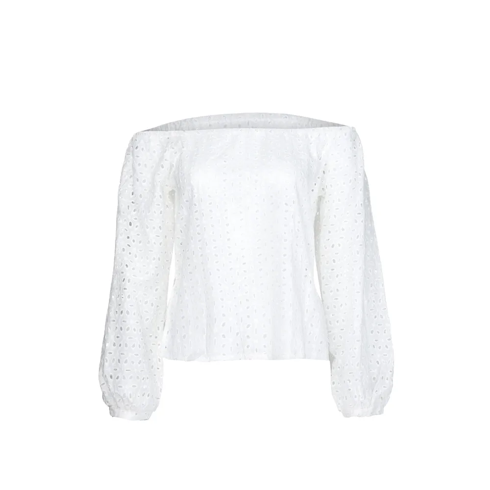 

Women Blouses Summer Nice Off Shoulder Long Sleeve Solid Hollow Out Sexy Tops Blouse Tee Shirt Hollow Out Slash Neck