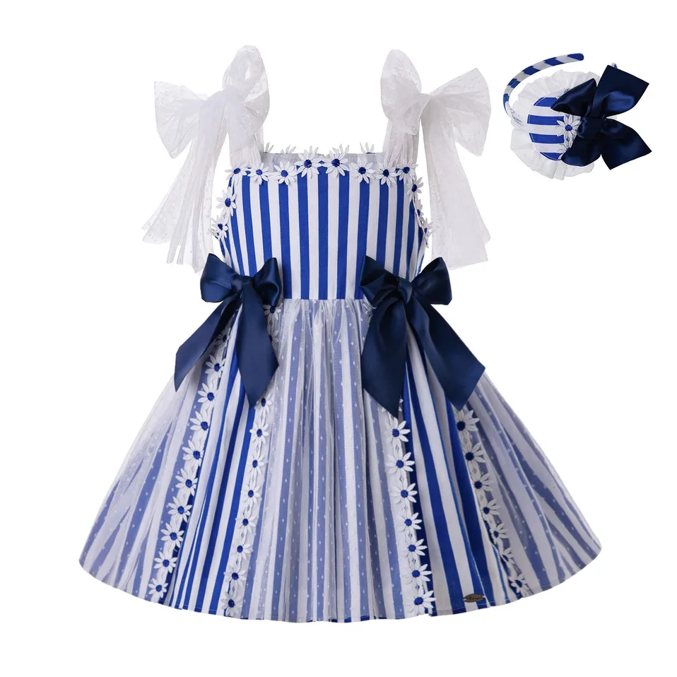 Pettigirl 2-12Y Summer Sling Flower Blue Cotton Lace Stripe Princess Baby Girl Dress With Headband And Bows G-DMGD203-C152 | Детская