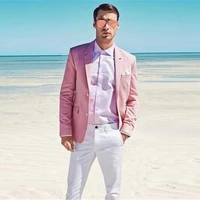 summer beach pink linen men suits for wedding suit groom tuxedos notched lapel 2piece white pants slim fit terno masculino