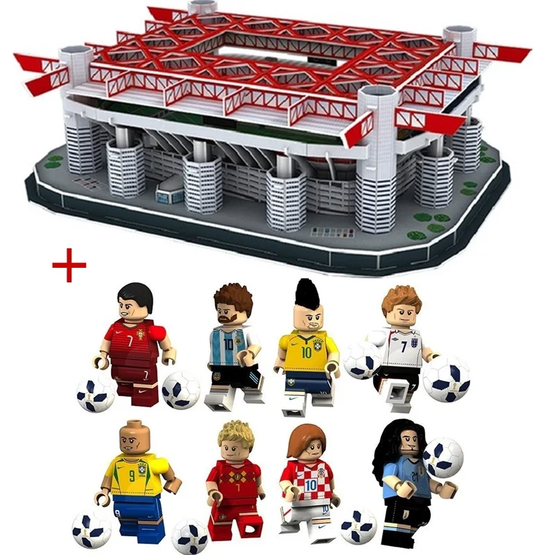 Stadio and Figure(8p Горячие новые головоломки 3D головоломки архитектура стадион Giuseppe Meazz Сан Сиро футбольные стадионы игрушки модели наборы строительных бумаги - Цвет: Stadio and Figure(8p