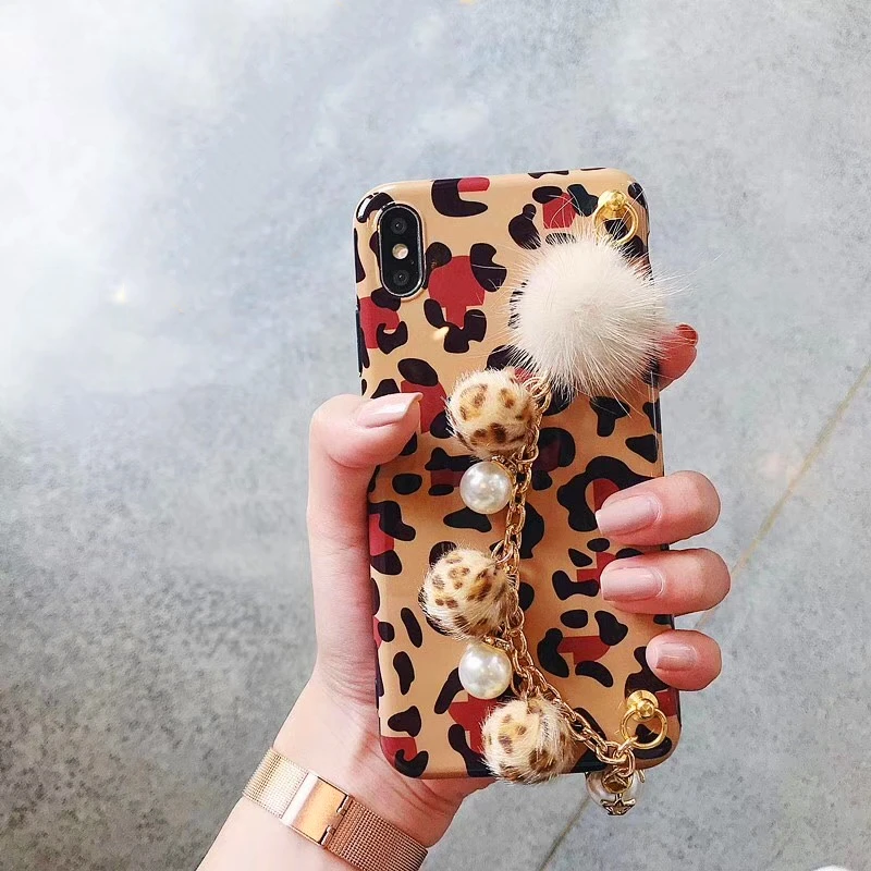 Luxury leopard print Plush ball Case For iPhone X XR XS Max Metal Bracelet Wristband iphone 8 7 6 6s Plus | Мобильные телефоны и