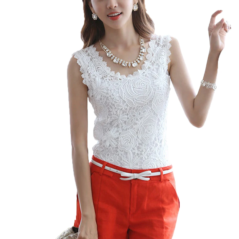 Женская летняя кружевная блузка с круглым вырезом белая рубашка без рукавов