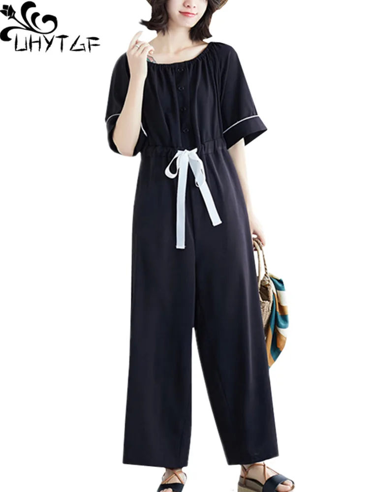 

UHYTGF Summer rompers women jumpsuit loose plus size wide leg pants jumpsuit One word collar casual Black Overalls for women1380