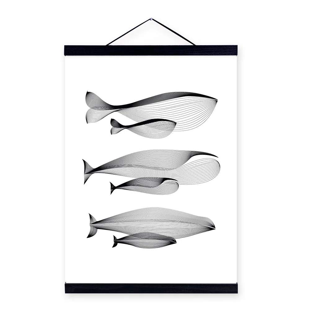 Черный белый цвет абстрактная живопись холст с рыбой художественный Принт
