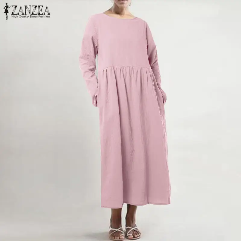 Long Sleeve Gray Женский льняной сарафан ZANZEA размера плюс летнее платье миди Повседневная рубашка с коротким рукавом с высокой талией плиссированное платье Femme - Цвет: Long Sleeve Gray