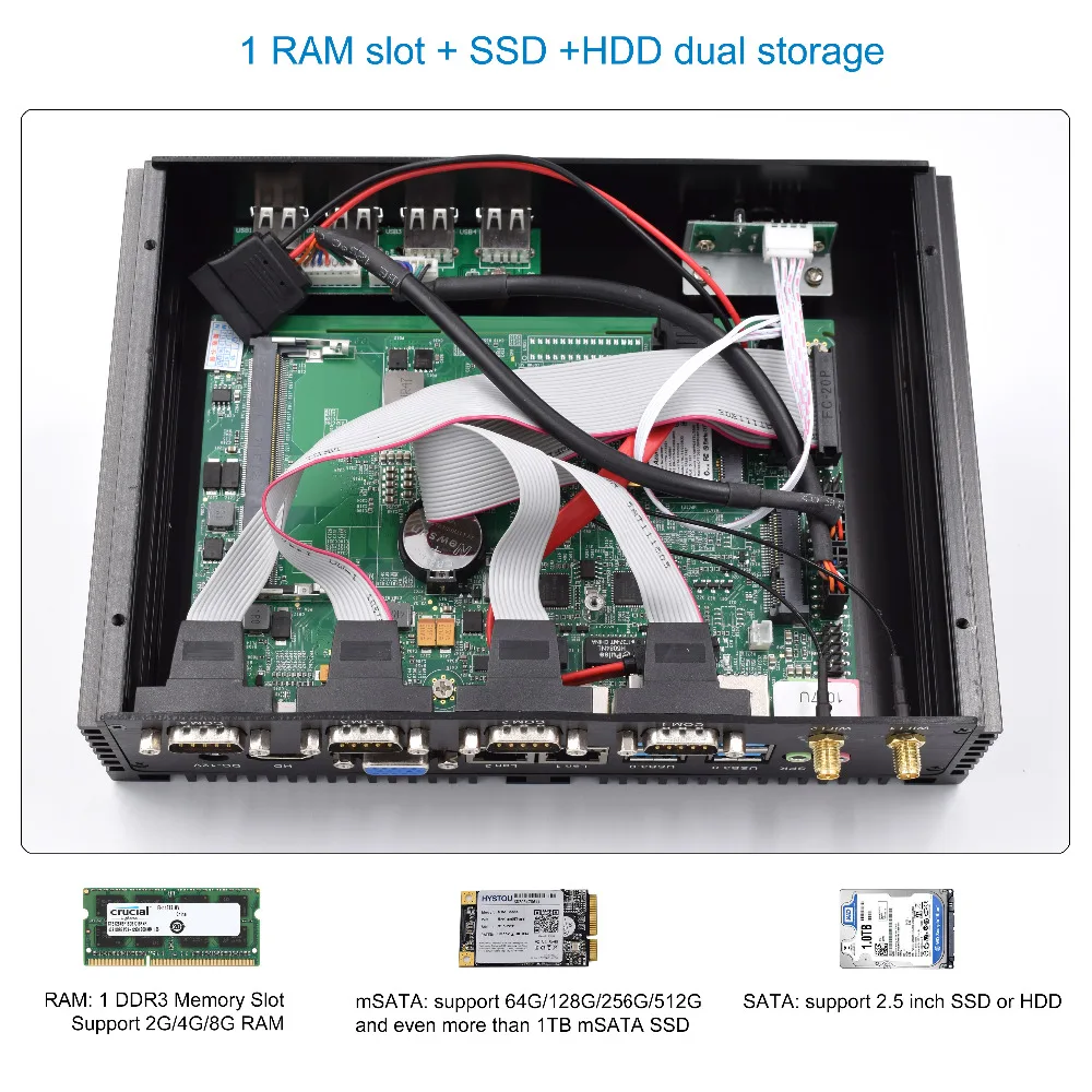 Безвентиляторный мини ПК промышленный компьютер с 4 RS232 COM HDMI Intel Celeron C1037U C1007U Core i5