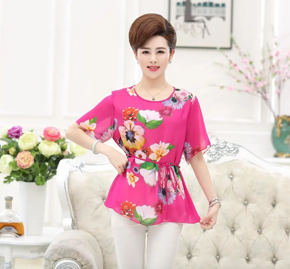 2016 Женская Летняя шелковая и шифоновая блузка с цветочным принтом короткими