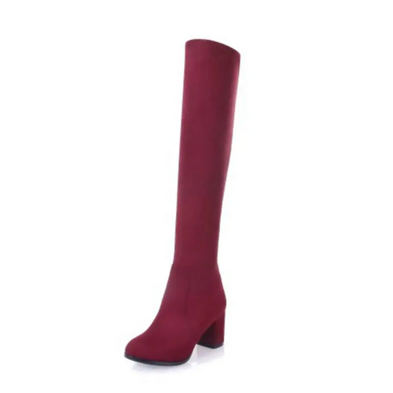 Wine dan NO zipper Orcha Lisa/сапоги из искусственной замши пикантные женские высокие сапоги выше колена с леопардовым принтом, с острым носком, на не сужающемся книзу массивном каблуке, на молнии, без застежки, 43 - Цвет: Wine dan NO zipper