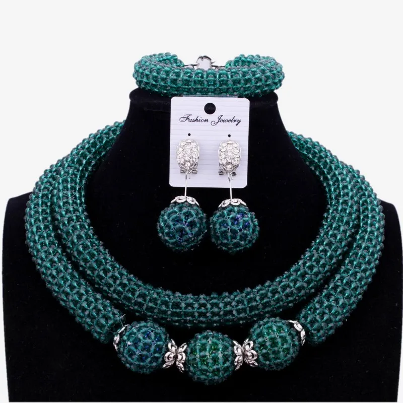 Sparkling Dubai Teal Green African Costume Choker Bridal Jewelry Set 2 Layers Bold Necklace Set Indian Crystal Jewellery Set New