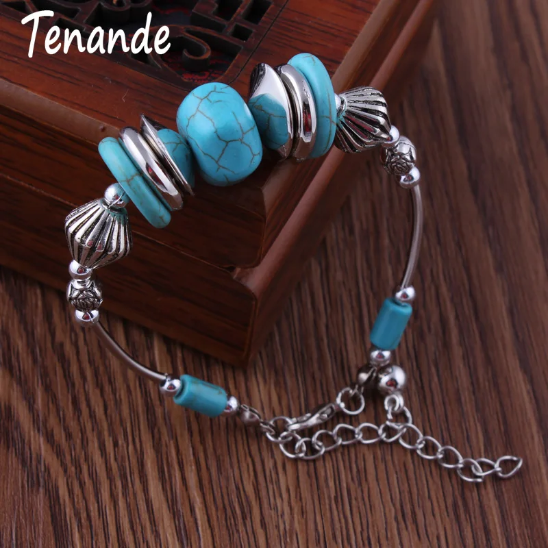 

Bohemia Turish Silver Color Geometric Natural Stone Beads Round Bracelets & Bangles for Women Vintage Bohemian Accessories