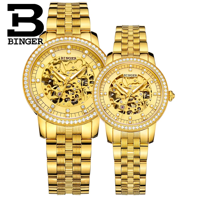 Автоматические механические часы BINGER роскошные для пар с золотым покрытием 18 К